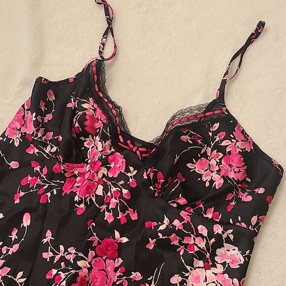 Apt. 9 Pink Black Floral Chemise Lace Trim Slip Dress Small Y2K Summer Mini - Picture 3 of 6